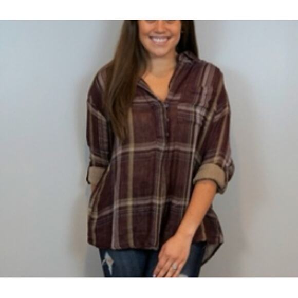 New Blu Pepper Day To Day Large L Red Plaid Split V Neck 3/4 Sleeve Blouse Top - Picture 11 of 11